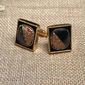 Elegant Gold Cufflinks With Black Enamel and Copper Leaf Square Design